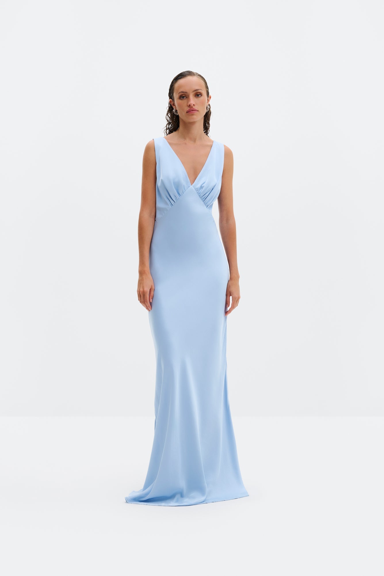 Thelma Open Back Satin Maxi Dress Dusty Blue - Sky Blue