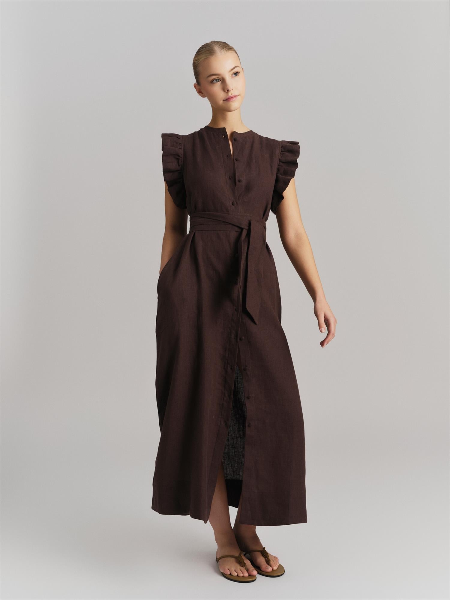 Pam Linen Dress Dark Brown - Beige