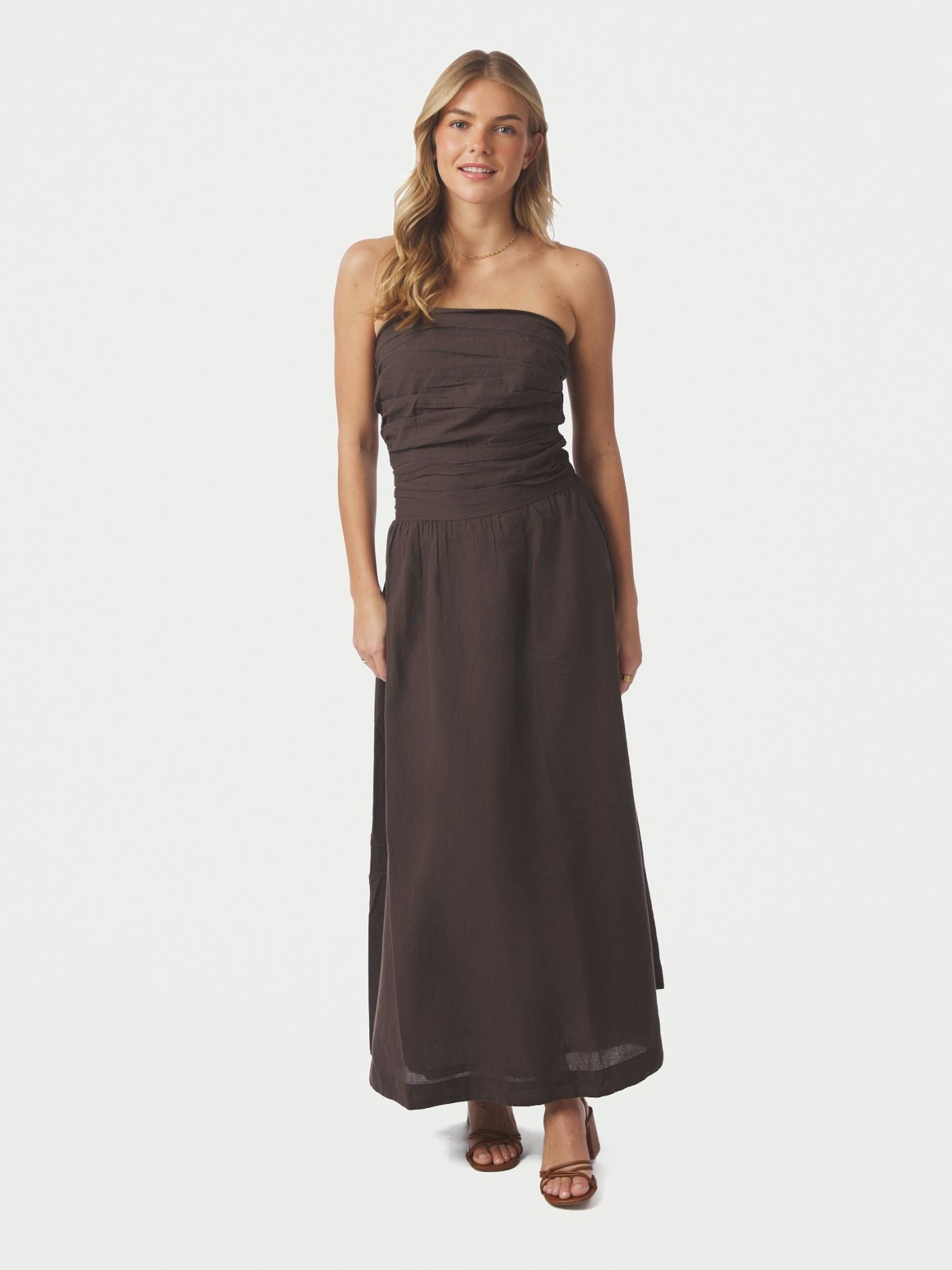 Kima Linen Dress Dark Brown - Beige