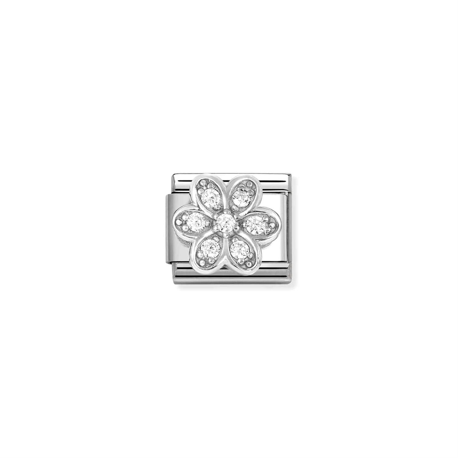 White Daisy Charm Link - Silver
