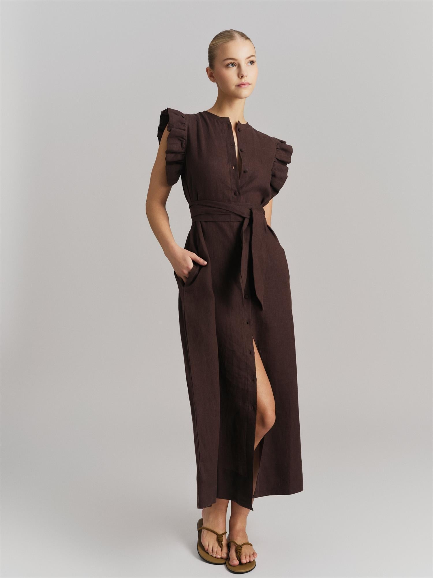 Pam Linen Dress Dark Brown - Beige