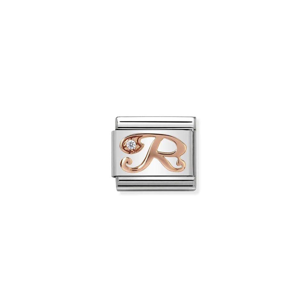 Letter R with Cubic Zirconia Rose Gold Link Charm - Silver