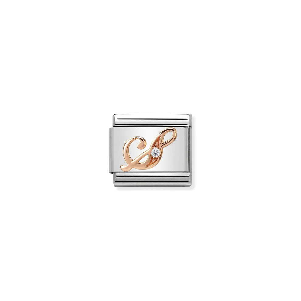 Letter S with Cubic Zirconia Rose Gold Link Charm - Silver