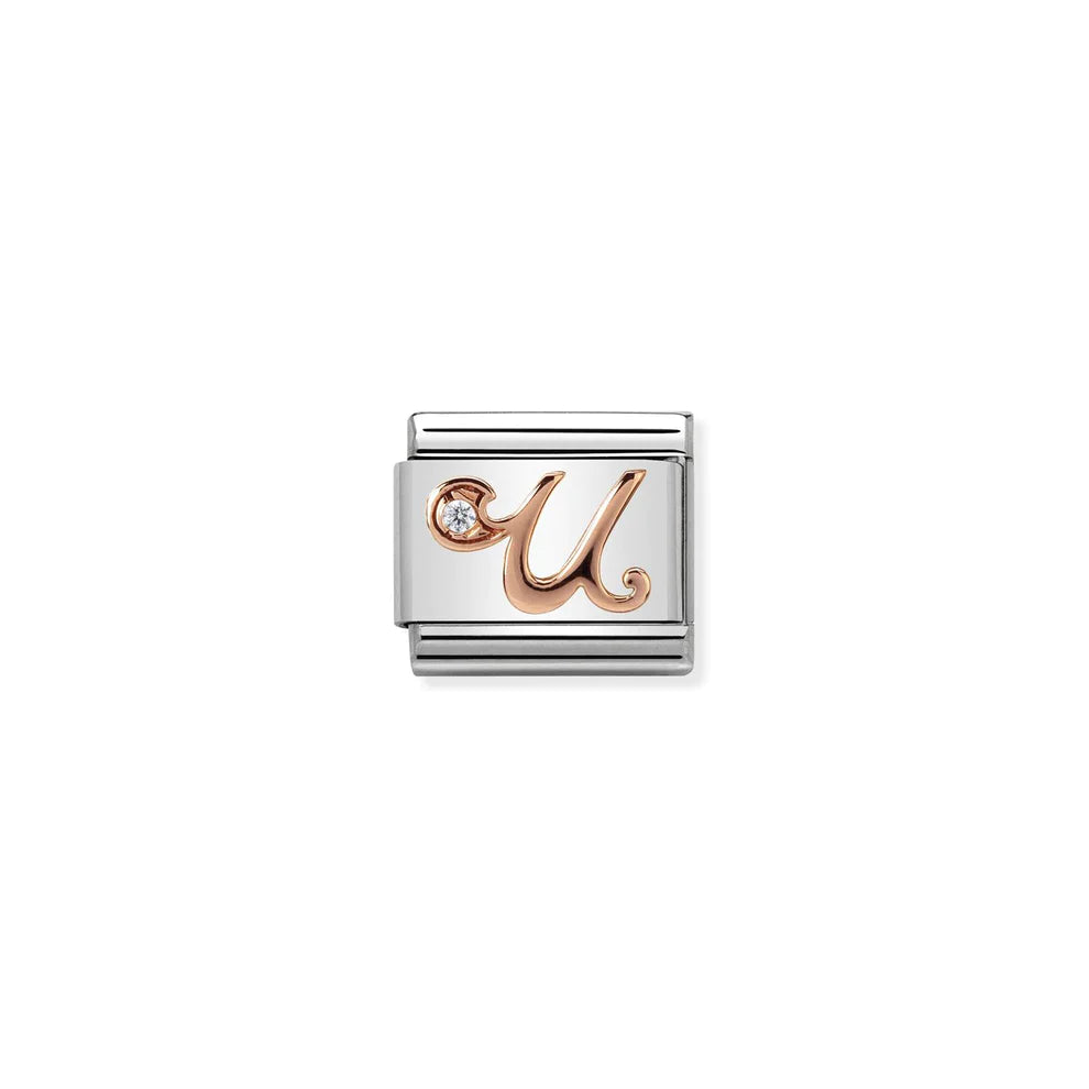 Letter U with Cubic Zirconia Rose Gold Link - Silver