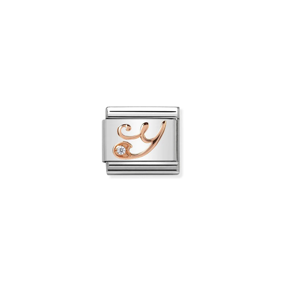 Letter Y with Cubic Zirconia Rose Gold Link - Silver